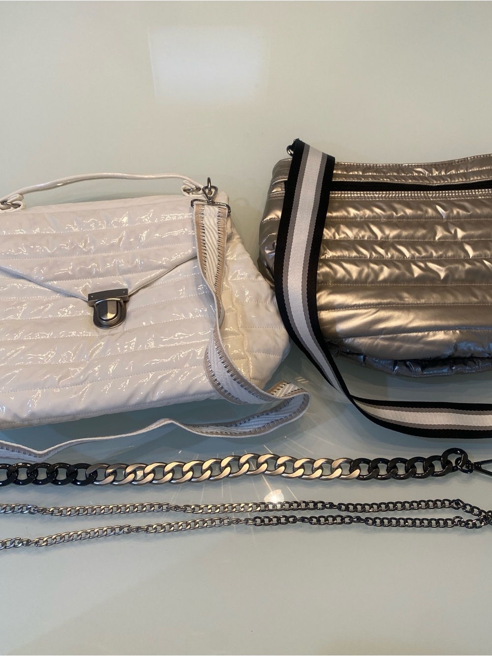 EUC Think Royln Puffer Crossbody Bag Lot 2Pc White Patent Silver Chain Straps